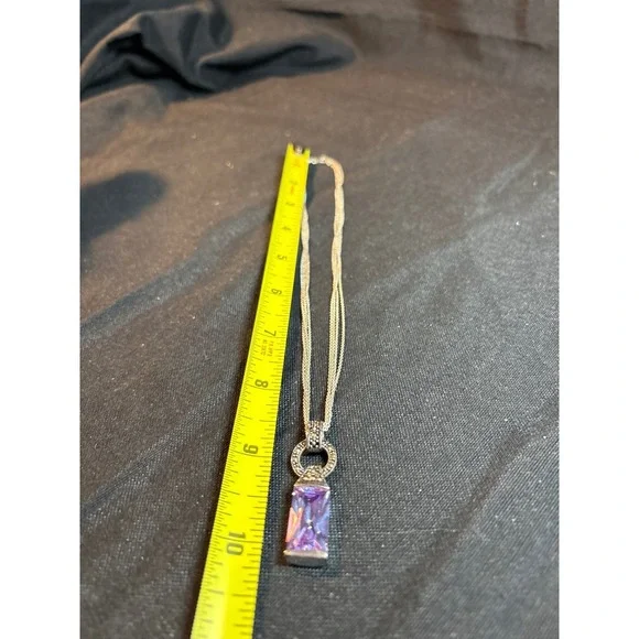 Sterling Silver Italy Rectangle Amethyst Pendant Necklace‎ Chain - Picture 4 of 4